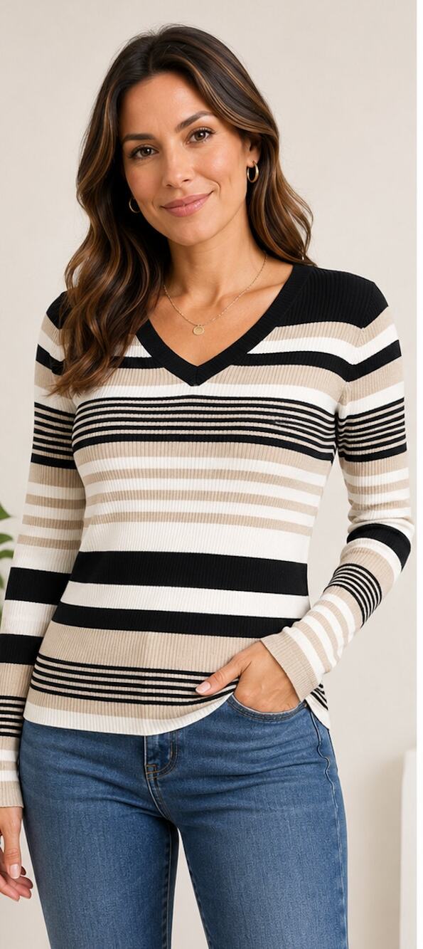 Liz Claiborne Striped Ribbed V Neck Sweater Black Beige White XL NWOT